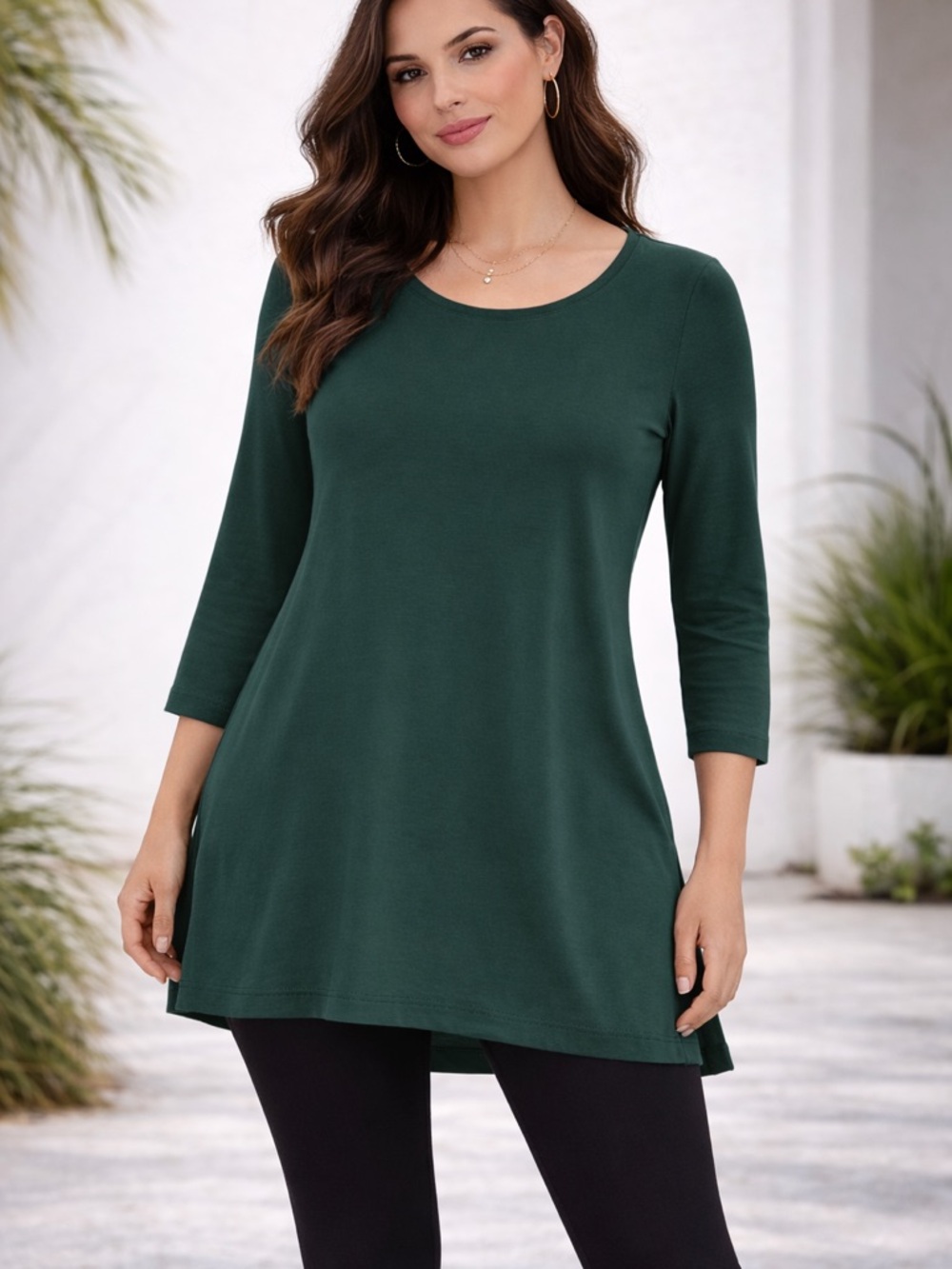 Eileen Fisher Green Tunic M Minimalist High Low Luxe Stretch Top